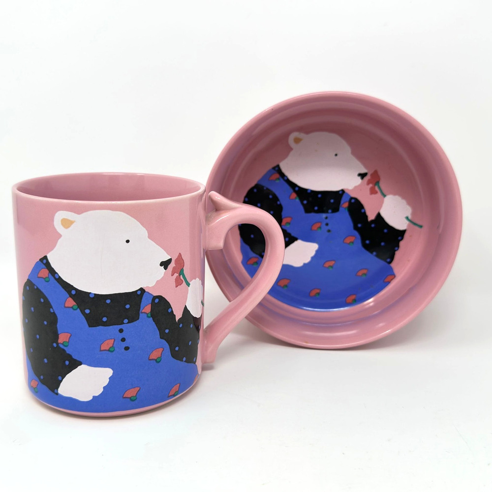 Bottman Design Mug Bowl Set Vintage 1988 Pink Polar Bear Ceramic Cup Bowl Japan